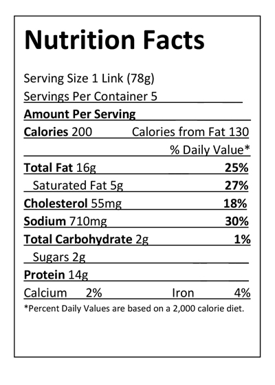 Bakalars Bratwurst Nutrition Facts