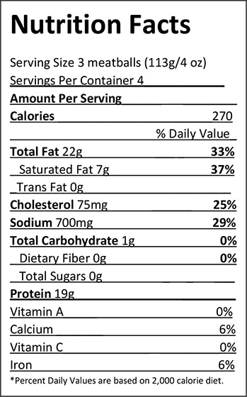 Elliott's Italian Style Meatballs Nutrition Facts