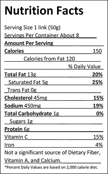 Elliott's Fine Coarse Natural Casing Wieners - 14 oz. Nutrition Facts