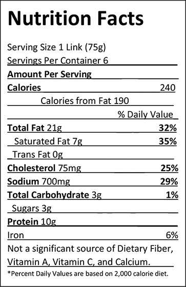  Elliot's Cooked Bratwurst - 1 lb. Nutrition Facts