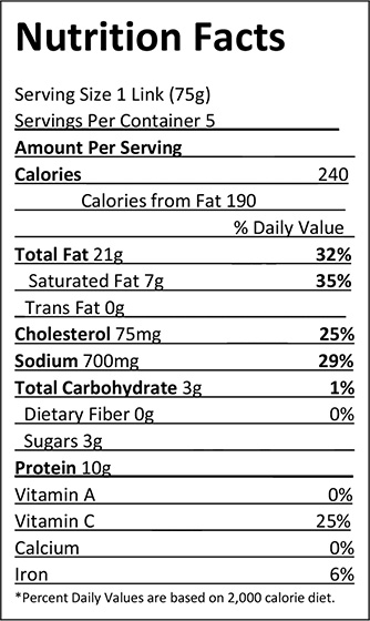 Elliott's Smoked Bratwurst - 13.3 oz. Nutrition Facts